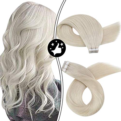 Moresoo 16 Inch Tape in Hair Extension Hair Seamless Skin Weft Remy Hair Extensions Blonde #60A Tape on Human Hair Soft Real Hair Extension 50G/20 Pcs Per Pack