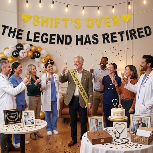 Shift's Over The Legend Has Retired Banner, Black Gold Glitter 8 ft Happy Retirement Party Decorations, Funny Coworker Farewell Going Away Supplies for Nurse Police Firefighter Doctor (Pre-Strung) by PORMYTRIP - Used condition - Image 4