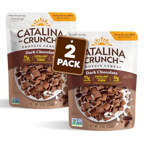 Image of Catalina Crunch Protein Cereal, Dark Chocolate, 9 oz Bag (Pack of 2) | Sugar Free, 11g of Protein, Gluten Free, Excellent Source of Fiber, Breakfast Cereal, Packaging May Vary