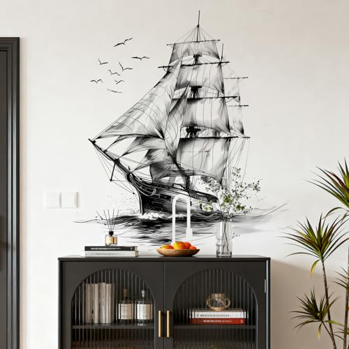 WandSticker4U® - Sticker mural bateau à voile noir et blanc (72 x 72 cm) I Sticker mural vintage voile, bateau, océan, mer, décoration murale maritime,...