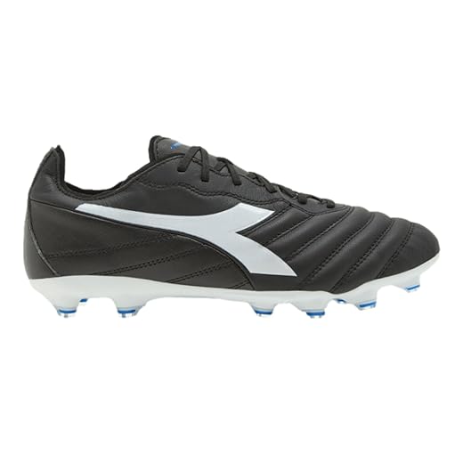 Diadora Brasil Elite 2 LT LP12 Firm Ground Soccer Shoe - Ultra-Soft, Water-Resistant Full-Grain Calfskin Upper, Non-Stretch Fabric Lining, Non-Slip PU Heel Lining, Insole with Flex Points (Black/White/Blue, US Footwear Size System, Adult, Men, Numeric, Medium, 10)