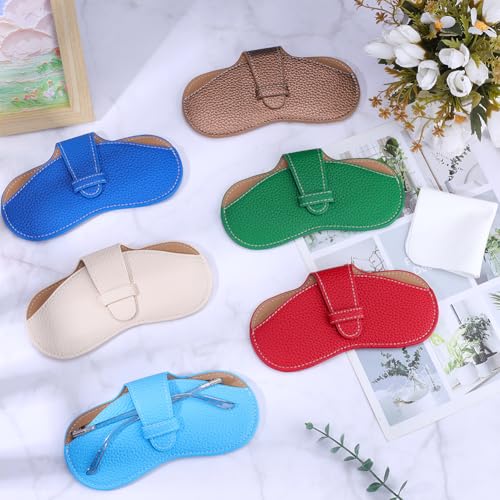 Image of CREATCABIN Leather Sunglasses Case Portable Slim Glasses Case Soft Eyeglasses Spectacle Cases Pouch Bag Cover Lightweight with Cleaning Cloth Gifts for Women Men Travel Vacation 6.9x3.4 Inch Sky Blue