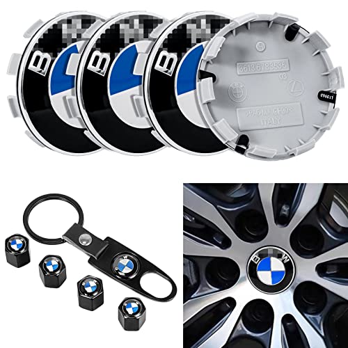 4 Pcs Wheel Center Caps For B-M-W (68Mm/2.68Inch) + 4 Pcs Tire Valve Stem Caps + 1Pc Keychain, Car Emblem Replacements Fit 1 3 5 6 7 X Blue/White #TOP25