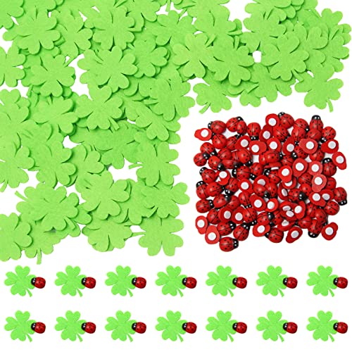 UTMACH 100 Pièces Coccinelle Decoration en Bois Mini Coccinelles Autocollantes Petite Coccinelle Deco avec 100 Pièces Trèfle à Quatre Feuilles en Feutre...