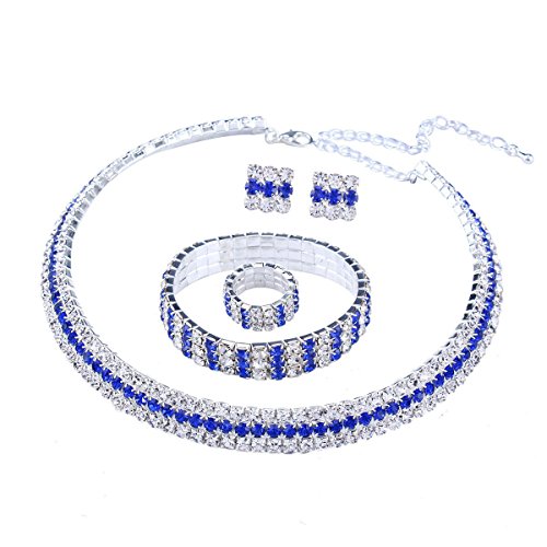 Santfe Crystal Rhinestone Choker Necklace Earrings Bracelet Ring Jewelry Set for Wedding Bridal Prom Party (Blue)