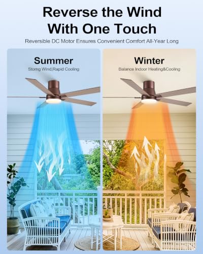 Image of Rayqueen 60 Inch Brown Flush Mount Ceiling Fans with Lights and Remote