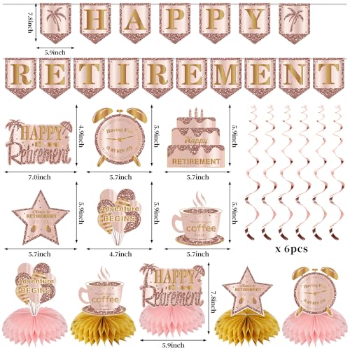 Image of Kuxriox 20PCS Retirement Party Decorations Kit for Women, Pink Rose Gold Retirement Backdrop Balloons Honeycomb Centerpiece Swirl Paper Pompoms Party Supplies, Retired Sash Table Topper Swirls Set