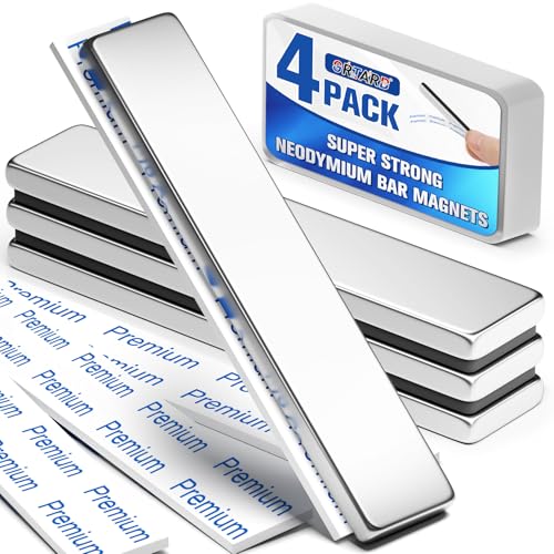 Grtard 4Pack Neodymium Magnet Bar, Powerful Bar Magnets, Magnet Strips Heavy Duty, Strong Rare Earth Magnets with Double-Sided Adhesive for Craft, Fridge, Kitchen, Office - 60 x 10 x 3 mm