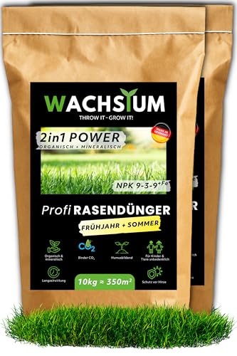 Rasendünger Frühjahr Sommer, 20 kg organisch mineralisch mit Eisen, Langzeit Granulat, verdrängt Moos, NPK 9-3-9, 700 m², Streuwagen geeignet, Turbo Wachstum, tierfreundlich