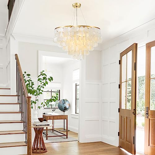 efperfect Modern Capiz Shell Chandelier, 6 Lights Natural Shell Hanging Pendant Light Fixtures for Living Room, Gold Contemporary Coastal Round Chandeliers for Bedroom, Kitchen, Dining Table, Foyer - Image 6