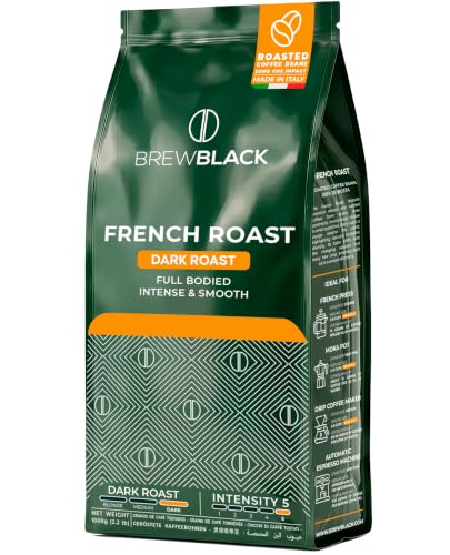 BrewBlack French Roast 100% Robusta Coffee Beans Extra Strong Dark Roast Intensity 5/5 Full Body with Long-Lasting Creaminess Roasted and Packed in Italy with Micrometric Technology