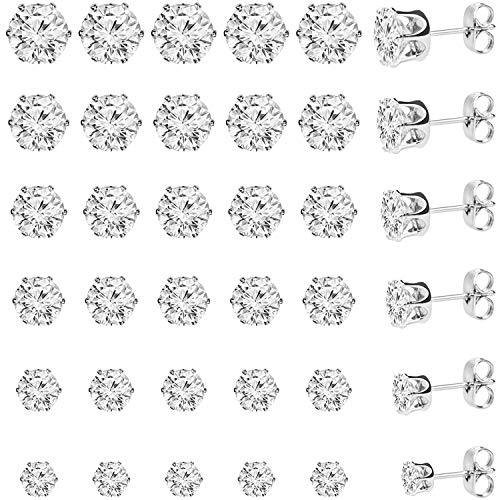 Hedume 60 Pack Cubic Zirconia Stud Earring, 6 Sizes Round Clear Earring Studs Set for Women and Men (60 Pack, 30 Pairs)