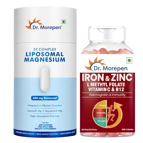 Image of Dr. Morepen Liposomal Magnesium Complex 440mg with Aquamin, Magnesium Glycinate, Vitamin D2, K2-7, B6 & B12 + Iron & Zinc Tablets with Vitamin C & B12 for Men & Women | Daily Wellness Combo