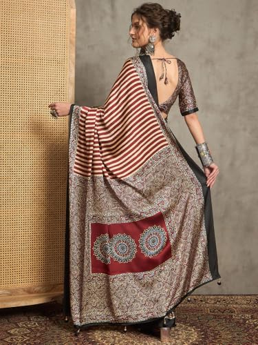 Image of AKHILAM Women's Pure Crepe Striped Printed Saree With Unstitched Blouse Piece