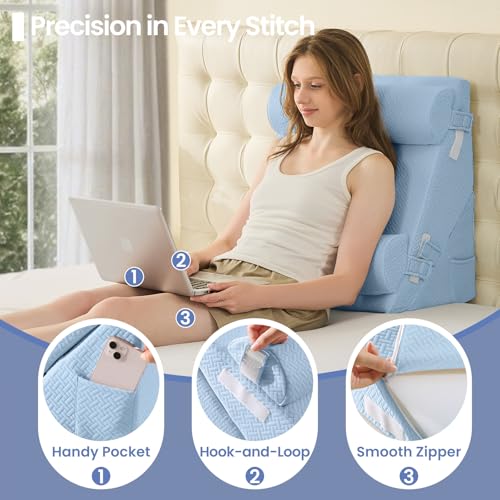 Sasttie Wedge Pillow Set for After Surgery, 4PCS Adjustable Bed Wedge Pillow Headboard with Memory Foam Neck Cushion – for Acid Reflux, Sleeping, Neck & Back Support, Blue
