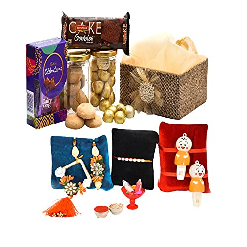 Giftrend Cookies N Chocolate Gifts Hamper/Basket With Skillfully Curated Collection Of Rakhis Including Floral Kundan Pair
