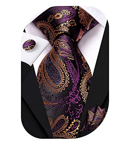 Image of Hi-Tie Silk Ties for Men Plaid Paisley Striped Necktie Pocket Square Cufflinks Set Formal Business