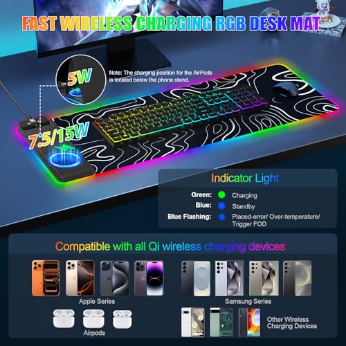 Image of RGB Mouse Pad with Foldable Phone Stand Wireless Charger, 31.5 inchx11.8 inch XL Gaming Mousepad Large Desk Mat, Desk Pad with 11 Colors 5 Modes, Waterproof