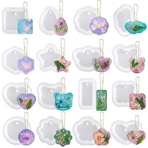 RESINWORLD 16pcs Variety Geometric Pendant Silicone Molds with Hanging Hole Jewelry UV Resin Mold Necklace Keychain Molds for Epoxy Resin