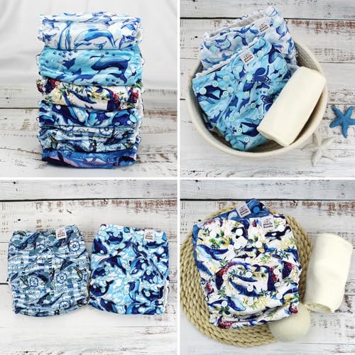 Mama Koala 3.0 Pocket Cloth Diapers for Babies with AWJ Lining, 6 Pack with 6 4-Layer Natural Cloth Diaper Inserts - Reusable and Washable Pocket Diapers(Whales)