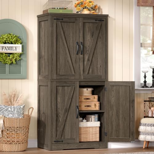 Image of TEENFON 58 inch H Storage Cabinet with Adjustable Shelf, Farmhouse Kitchen Pantry Cabinet, Bathroom Cabinet with 4 Doors, Cupboard for Kitchen, Bathroom, Living Room, Dark Walnut
