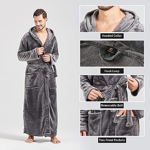 Image of FashGudim Mens Robes Big and Tall with Hood Two-Tone Flannel Fleece Contrast Bathrobe Full Length Plush Long Robe House Coat