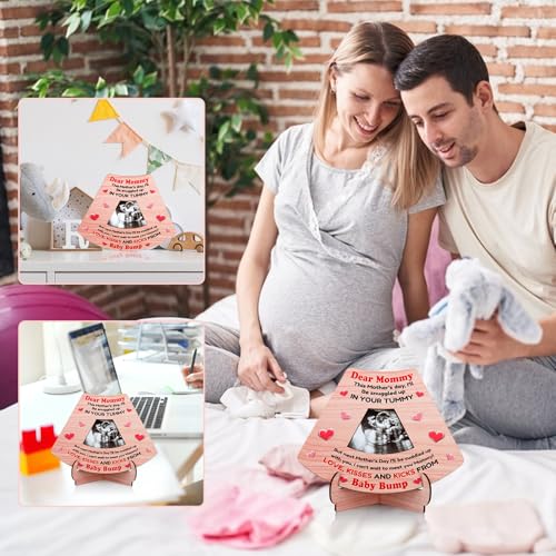 Image of FLYAB First Mothers Day Gift - Mom Picture Frame for New Mom from Daughter Son Baby Funny Wood Happy Mothers Day from the Bump Photoframe for First Time Moms Nursery Decor