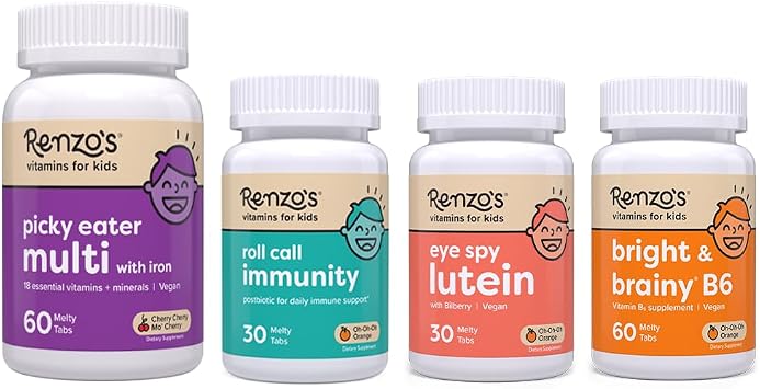 Renzos A+ Routine Bundle - Picky Eater Mutli Cherry, Roll Call Immunity, Eye Spy Lutein, Bright and Brainy