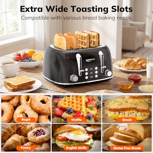 Image of Keenstone Toaster 4 Slice, Retro Stainless Steel Wide Slot Toaster with Dual Independent Controls, 6 Browning Levels, Bagel, Defrost, Reheat & Cancel, Removable Crumb Tray, Black