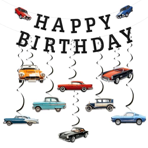 kreat4joy Vintage Car Birthday Party Decoration, Classic Car Theme Happy Birthday Banner Hanging Swirl for Boy Man I am Not Old I am Classic 50th 60th 70th 80th Birthday Party Decoration