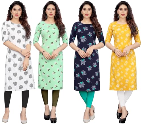Image of JAKHANA Women's Crepe Printed Casual Straight Calf Length Round Nick Kurta Pack of 4