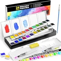 RATEL Aquarellfarben Set Aquarell Malkasten Inklusive 24 Farben Festes Pigment + 1 Hookline-Stifte + 2 Wassertankpinsel +1 Schwamm - wasserlöslich und gut mischbar Aquarell-Farben-Set