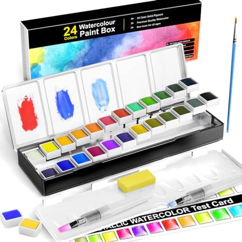 RATEL Aquarellfarben Set Aquarell Malkasten Inklusive 24 Farben Festes Pigment + 1 Hookline-Stifte + 2 Wassertankpinsel +1 Schwamm - wasserlöslich und gut mischbar Aquarell-Farben-Set