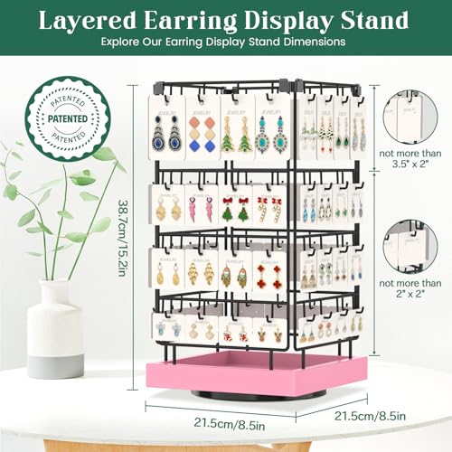Image of EsLuker.ly Rotating Earring Display Holder Stand for Vendors Events Selling, Large Capacity 64 Hooks Jewelry Rack with Wooden Base for Earring Card Sales, Enhances Retail Display Visibility(Pink)