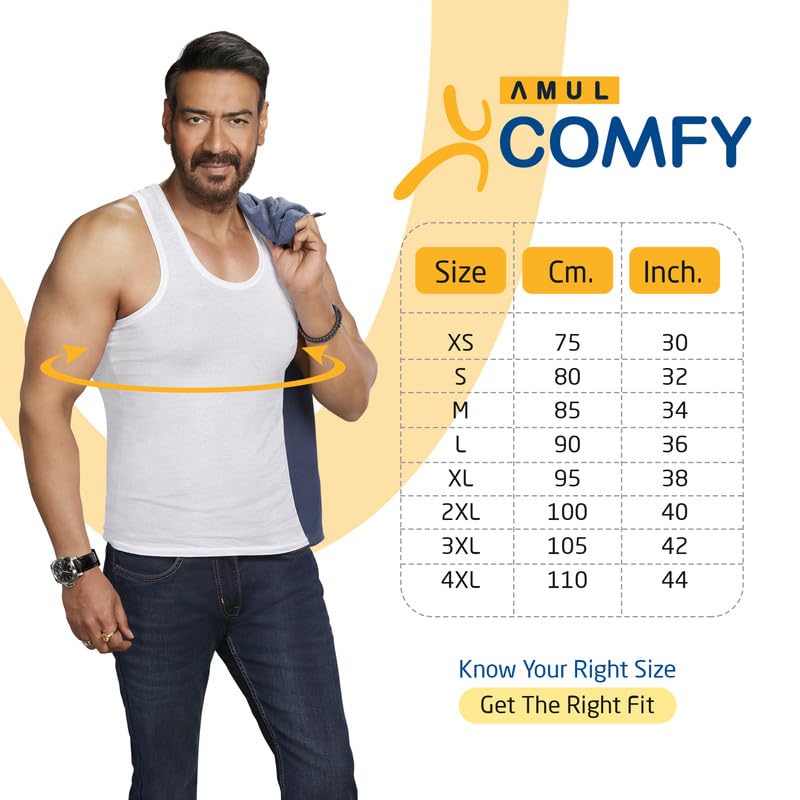 Image of Amul Comfy Men's Vest | 100% Cotton Single Jersey Fabric | U Neck Sleeveless Innerwear | Ultra Soft Hand Feel | Seamless Body | Superior Comfort Color May Vary (Pack of 6)