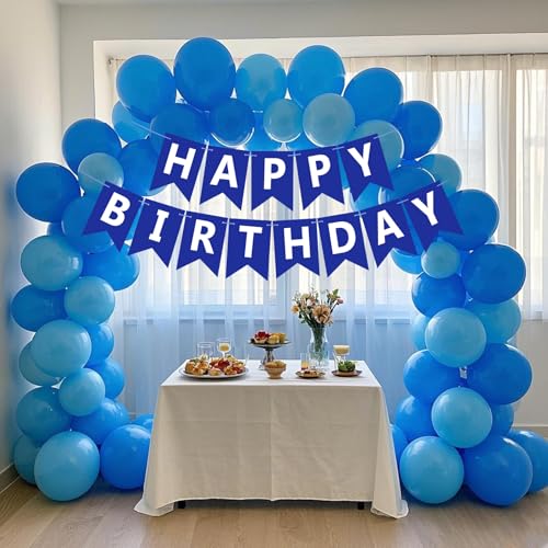 Image of Happy Birthday Banner Sign, Birthday Garland Wall Door Hanging Banners Flag for Women Men Boys Girls Party Backdrop Decorations, Personalized Name Banner White Letters Blue