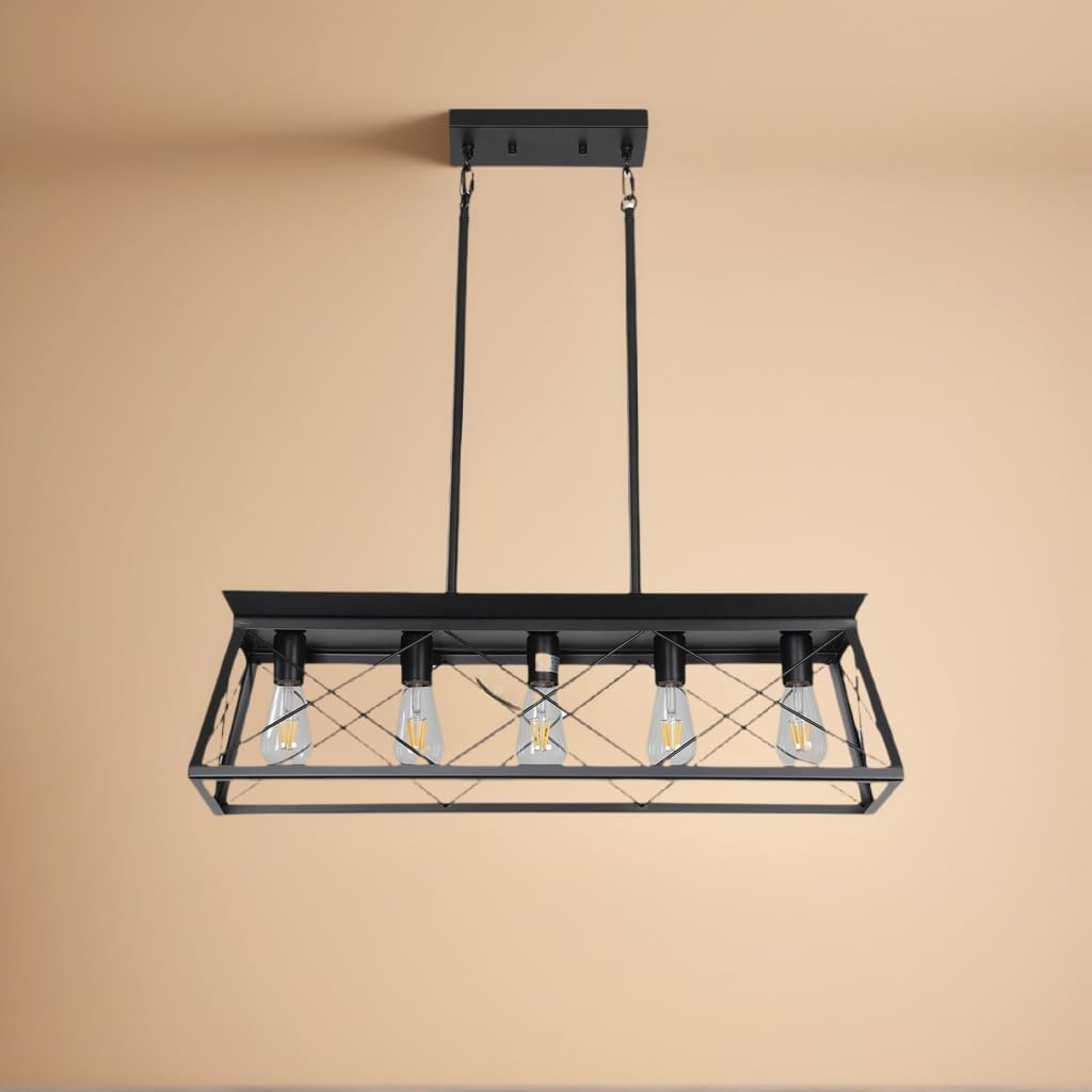 Black Farmhouse Kitchen Island Lighting, 5 Lights Trapezoid Matte Metal Pendant Lighting Fixtures,Industrial Linear No Dining Room Foyer Table