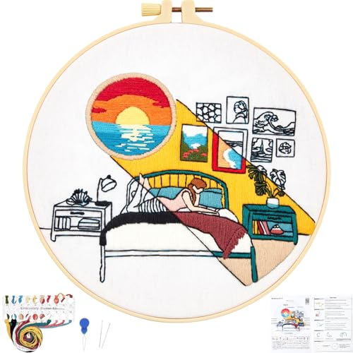 Image of Embroidery Kits for Beginners Adults Sunrise Hand Embroidery Starter Kits, Cross Stitch Kits for Beginners DIY Craft Kits for Adults Women, Entire Set of Embroidery Supplies Full-length Video Tutorial