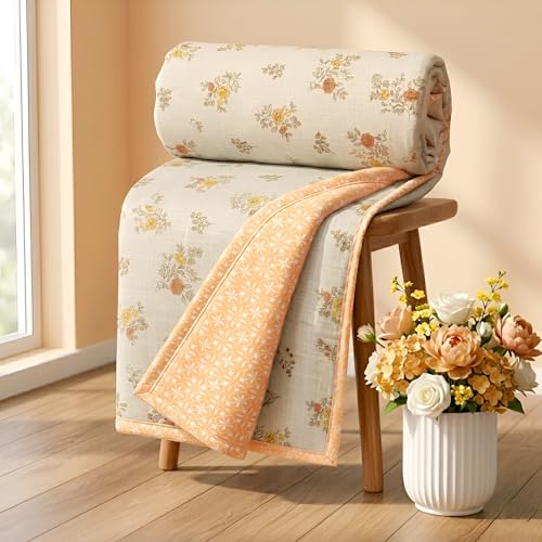Image of HOMEKART Luxury Cotton Dohar Blanket for Double Bed | Ultra Soft Reversible AC Quilt | Floral Printed Lightweight Summer Blanket | 88x85 Inches (Mustard Blossom)