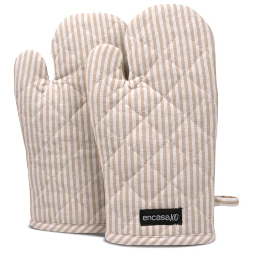 Image of Encasa XO Oven Gloves, Quilted Cooking Mitts, Microwave Safe Ticking Beige | 3-Layer Heat Protection Up to 220C | Non-Slip Grip & Hanging Loop | CE Certified | Set of 2