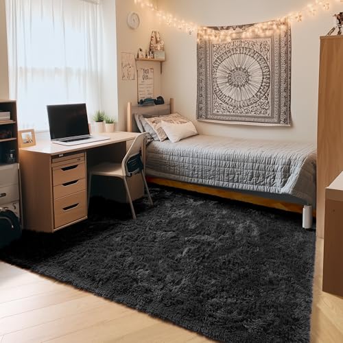 ONASAR Black Rugs for Bedroom, 3x5 Fluffy Bedside Small Area Rug, Washable Soft Plush Fuzzy Shaggy Indoor Floor Carpet for Living Room Nursery College Dorm Teen Kids Girls Boys Home Decor Aesthetic