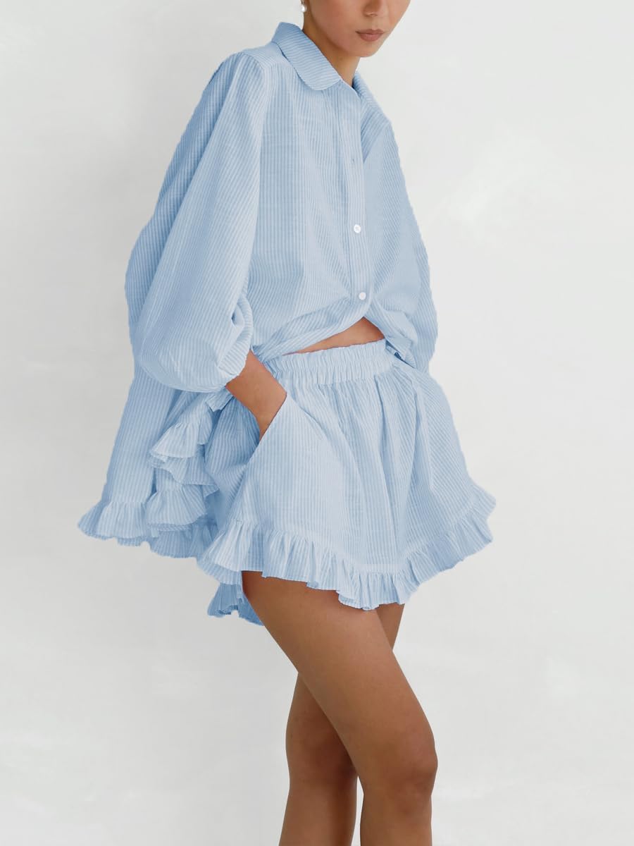 Womens 2 Piece Outfits Ruffle Trim Long Sleeve Button Down Shirt and Shorts Casual Striped Lounge Sets - Image 3