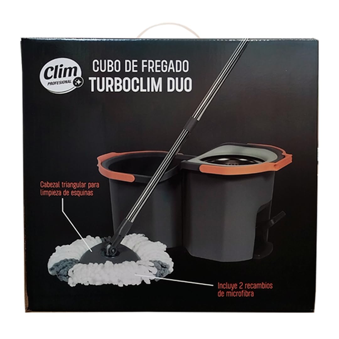 TurboClim Duo. Cubo de Fregar Giratorio con Pedal. Doble Cubo Que Separa Agua Limpia y Sucia. Escurridor Giratorio de Acero Inoxidable. Apilable Ocupa Poco Espacio. Fregona Triangular + 2 recambios
