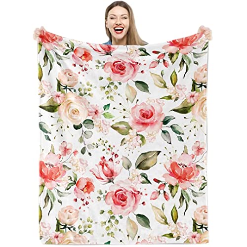 Teslite Floral Throw Blanket Pink Rose Flannel Fleece Blankets Soft Colorful Wild Flowers Plush for Women Girl Gifts Cozy Fuzzy Spring Summer Wildflower Sofa Chair Office