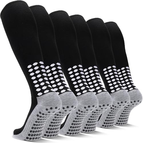 Regilt 3 Pairs Grip Soccer Socks Men Cushioned Non Slip Football Basketball Sports Knee High Long Socks (US, Alpha, One Size, Regular, Regular, Black)