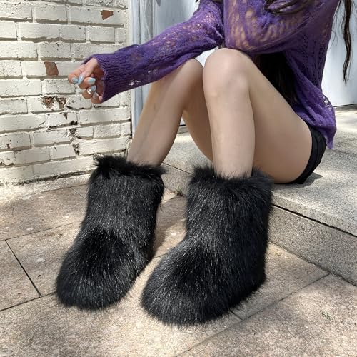 Women's Faux Fur Boot, Round Toe Suede, Warm Snow Comfy Plush Short Flat Mid-Calf and Knee High Furry Fluffy Boots3
