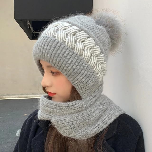 Richmen Women's Knitted Hat Winter Plush Velvet Warm Woolen Cap Neck Scarf | Twist Color Fuzzy Slouchy Beanie Monkey Cap with Muffler For Ski Hiking Outdoor Girls & Ladies (Grey) 3