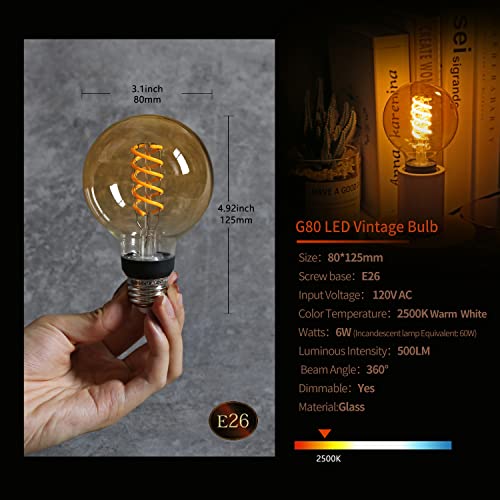 G25 Led Globe Light Bulbs，Antique Flexible Spiral Led Filament Light Bulb，Vintage Led Edison Bulb,4 Pack, Warm White 2500K,6W Equivalent To 60W， 600Lm， Dimmable With 80+ Cri，E26 Base,Clear Glass #TOP1
