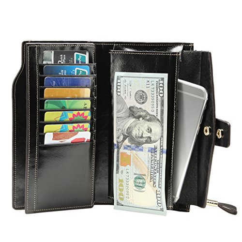 Itslife Women's RFID Blocking Large Capacity Luxury Wax Genuine Leather Cluth Wallet Card Holder Ladies Purse (Wax Black RFID Blocking)