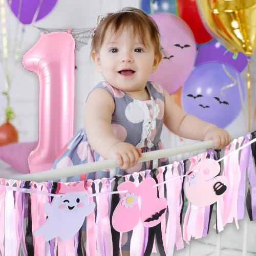 Image of Spooky One High Chair Banner for Halloween First Birthday Party Decorations | Pink Ghost Hallow-One Birthday High Chair Fabric Banner for Girls 1st Boo Day High Chair Banner for Backdrop Decorations